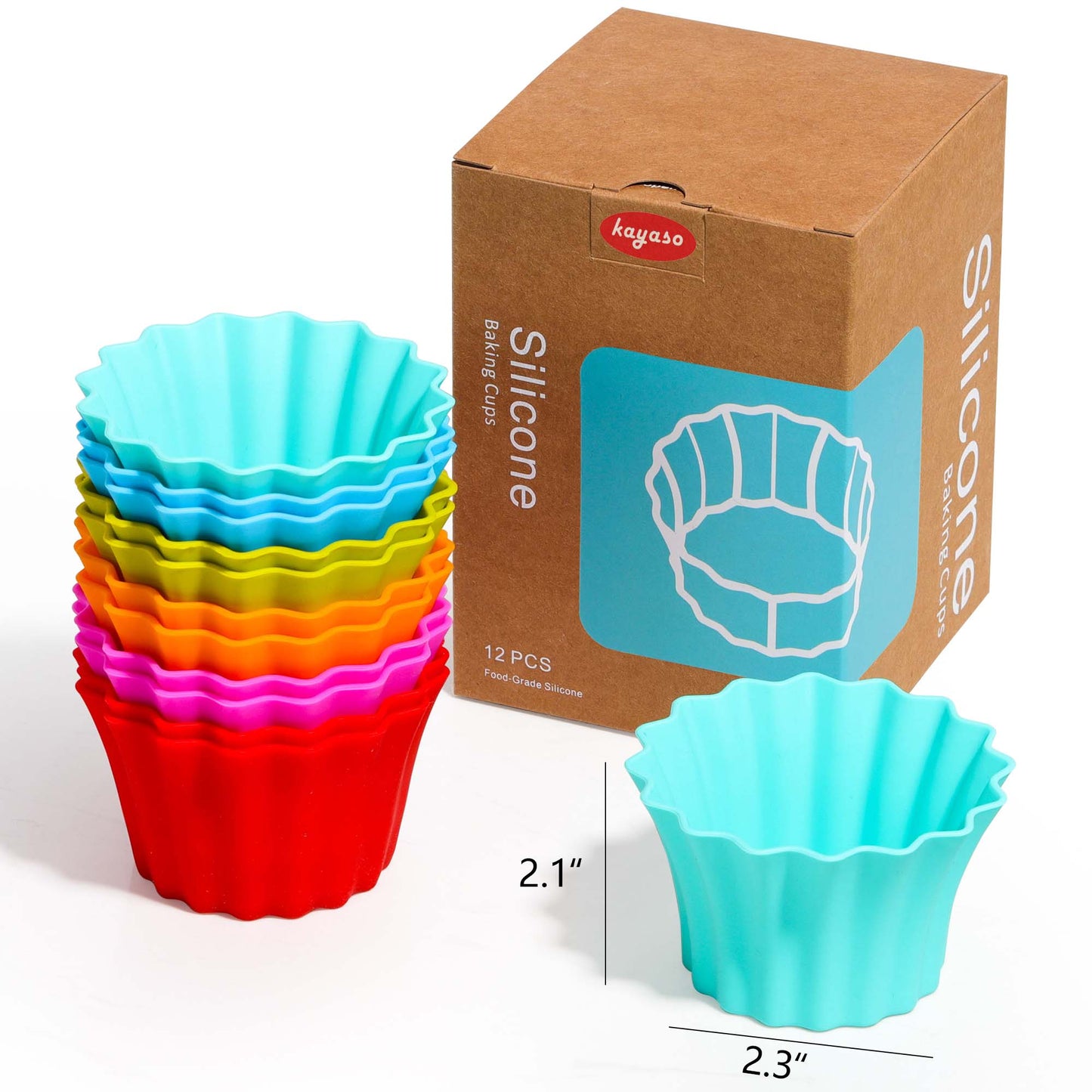 Kayaso Reusable Silicone Baking Cups, Cake molds None-Stick Cupcake Muffin liners, BPA free, Fluted Mold, 12 pack, Assorted Colors