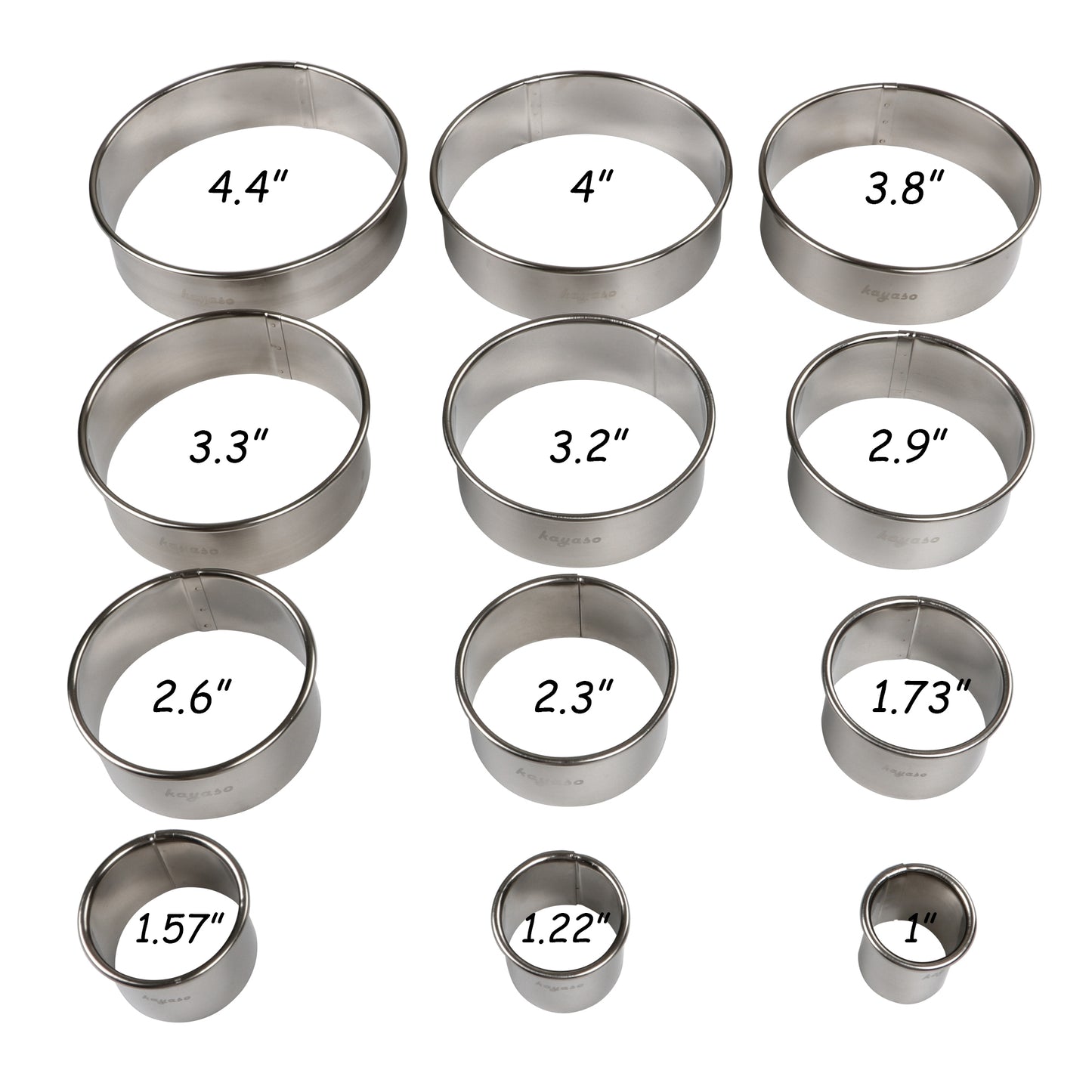 Kayaso Round Cutters in Graduated Sizes, Stainless Steel, 12 Pc Set (Plain Edge)
