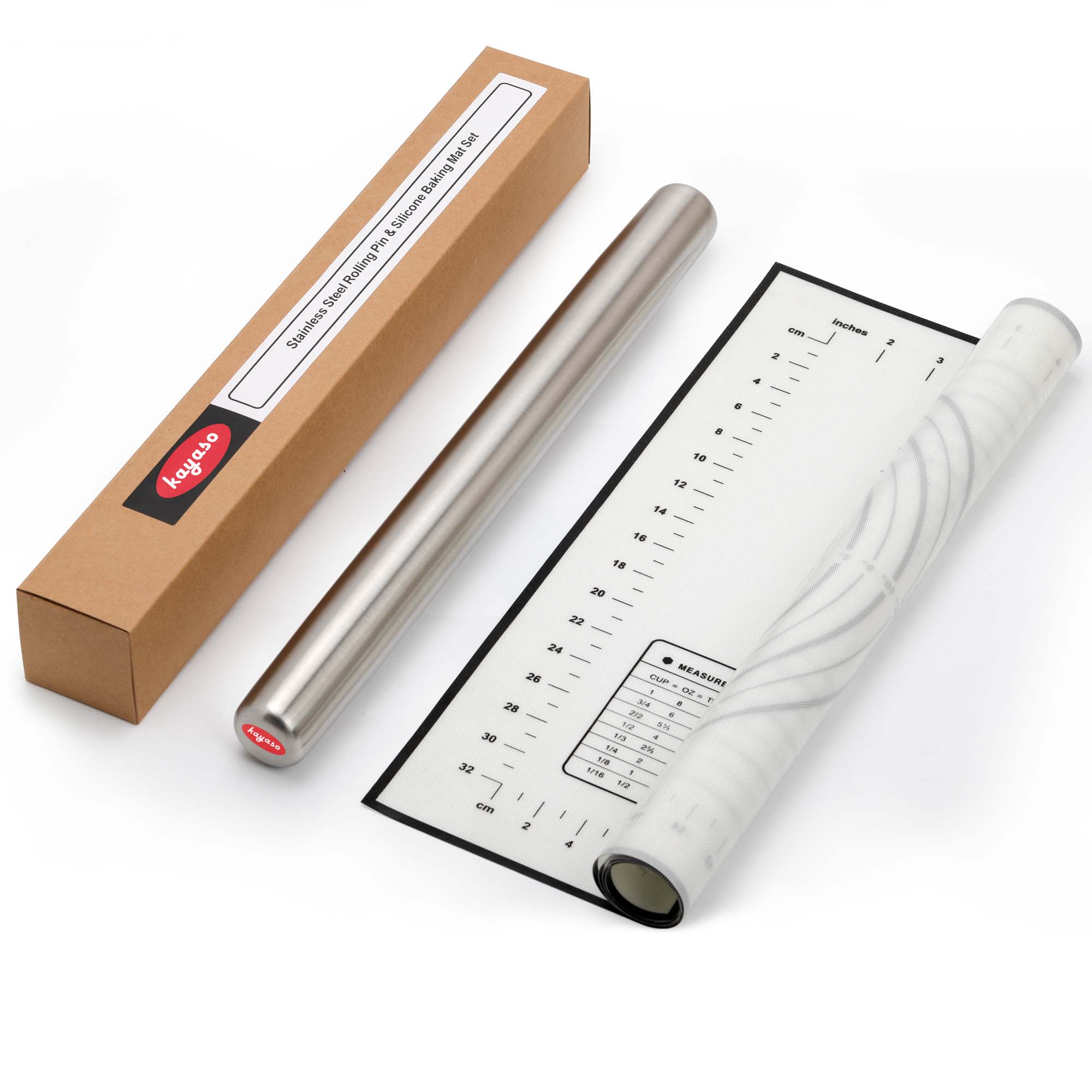 kayaso stainless steel roling pin and silicone baking mat set ,2 pieces