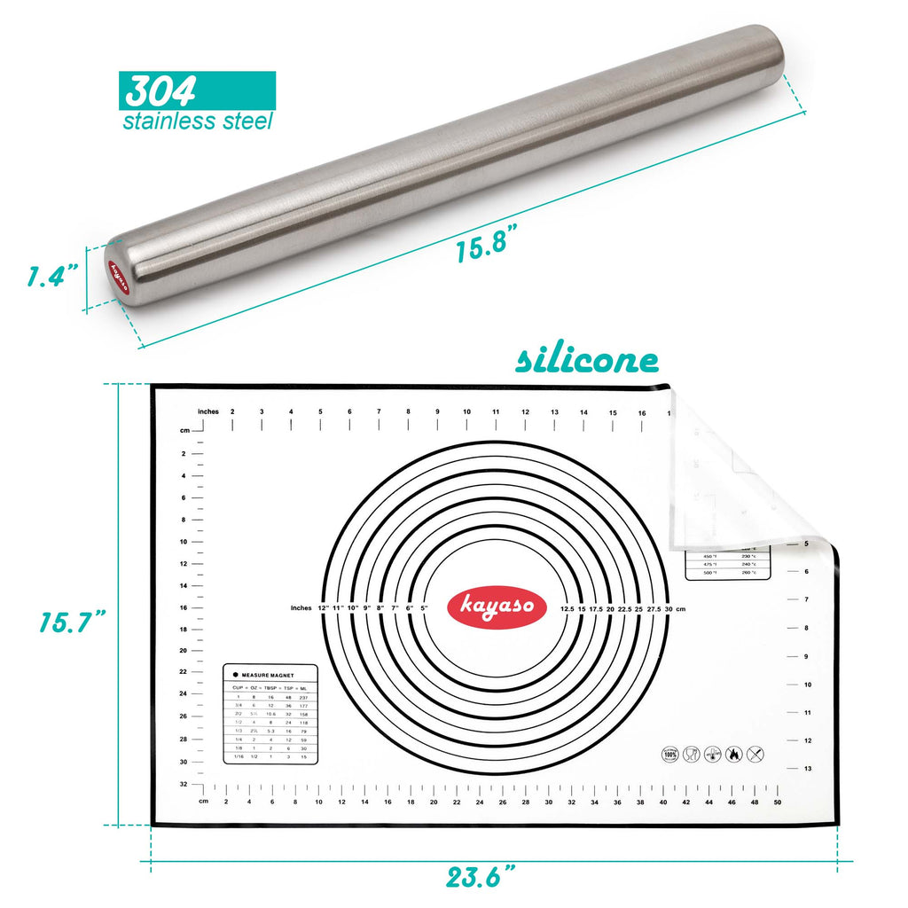 kayaso stainless steel roling pin and silicone baking mat set ,2 pieces
