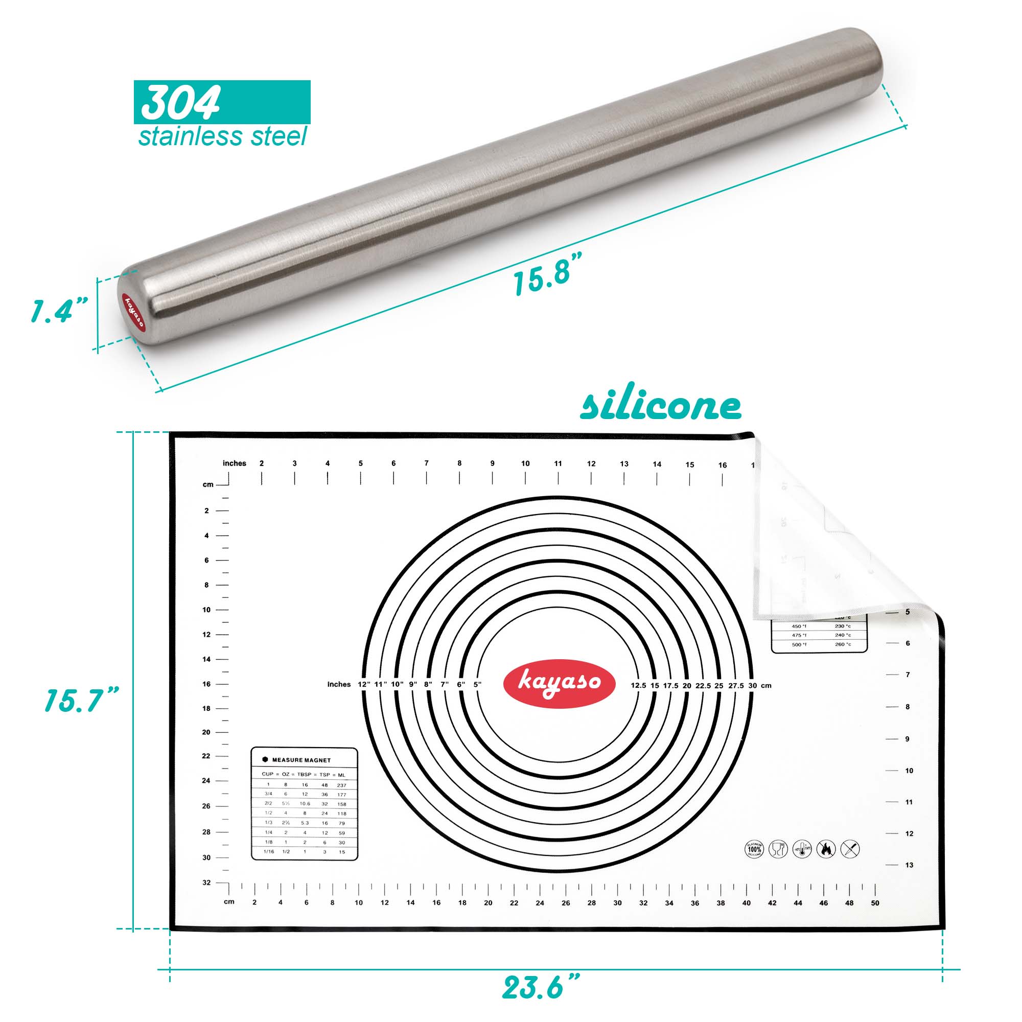 kayaso stainless steel roling pin and silicone baking mat set ,2 pieces