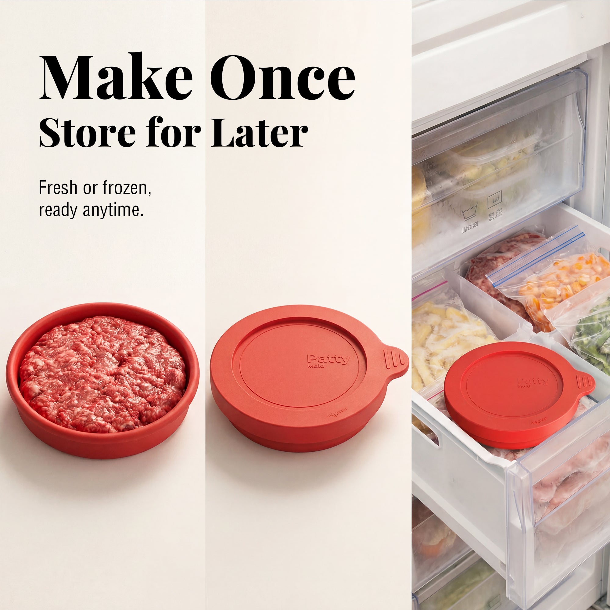 Silicone Burger Patty Mold Set with Lid, Nonstick Burger Press for 1/4 lb Patties, Food-Grade Patty Maker for Beef, Chicken & Veggie Burgers, Food Freezer Container, 4 Pack