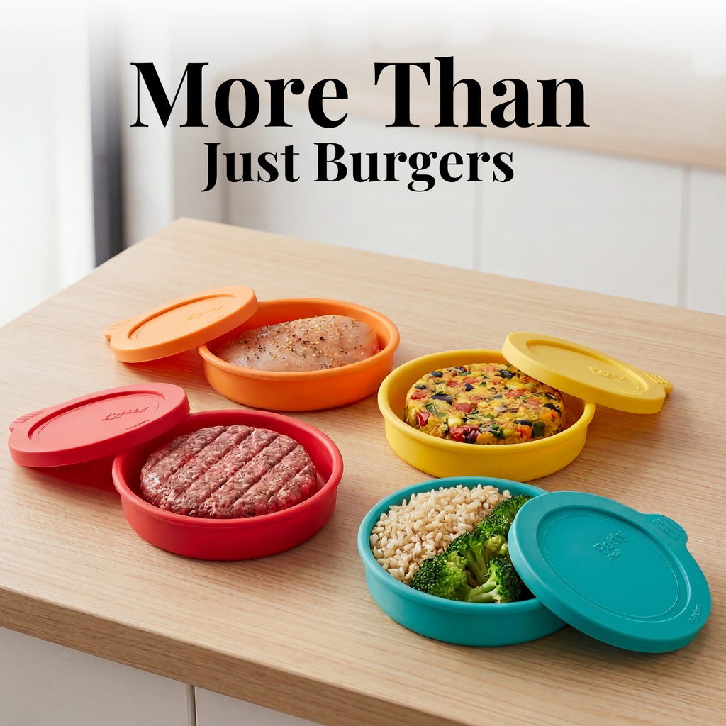 Silicone Burger Patty Mold Set with Lid, Nonstick Burger Press for 1/4 lb Patties, Food-Grade Patty Maker for Beef, Chicken & Veggie Burgers, Food Freezer Container, 4 Pack