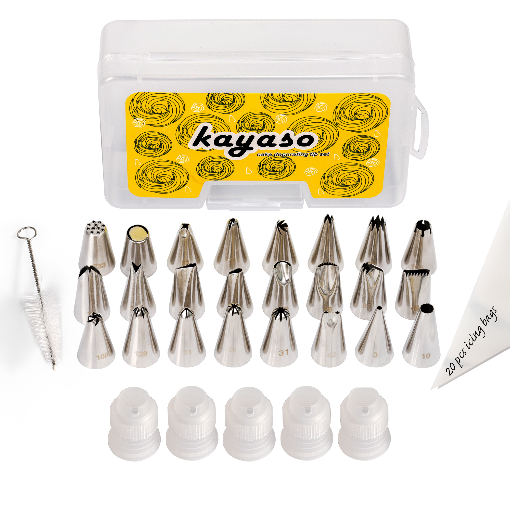 Kayaso Stainless Steel 24-Piece Decorating Icing Tip Set Includes 20 pcs Piping Bags with Couplers