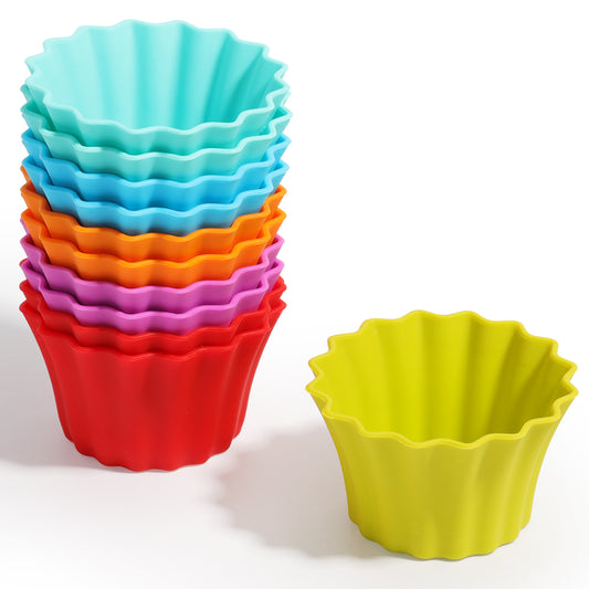 Kayaso Reusable Silicone Baking Cups,  Cake molds None-Stick Cupcake Muffin liners, BPA free, Fluted Mold, 12 pack, Assorted Colors