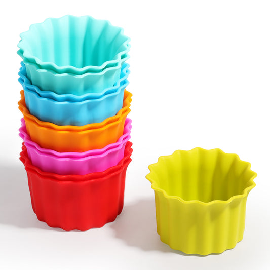 Kayaso Reusable Silicone Baking Cups, None-Stick Cupcake Muffin liners, Mini Cake Mold, BPA free, Fluted Round Mold, 12 pack, Assorted Colors, Standard Size.