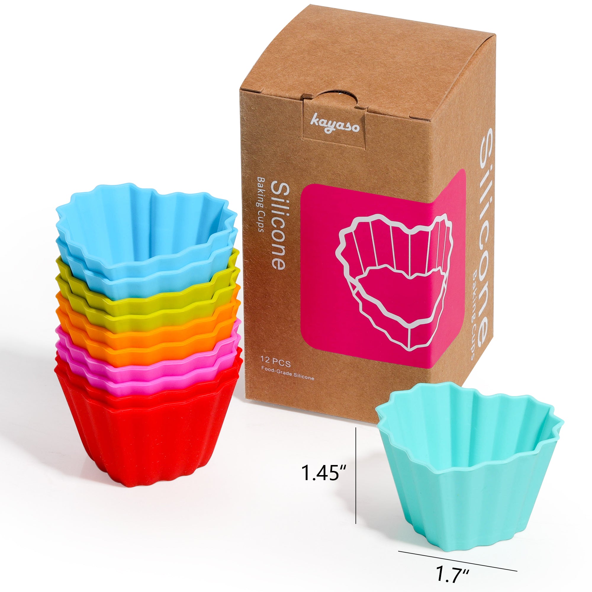 Kayaso Reusable Silicone Baking Cups, None-Stick Cupcake Muffin liners, Mini Cake Mold, BPA free, Fluted Heart Mold, 12 pack, Assorted Colors, Standard Size