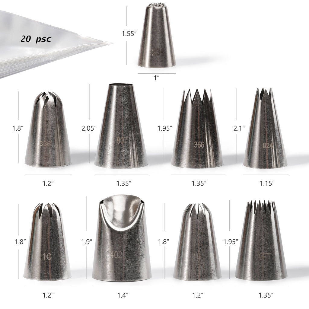 Kayaso Cake Decorating Icing Piping Tip Set, 10 X-large Decorating Tips Stainless Steel Plus 20 Disposable Pastry Bags