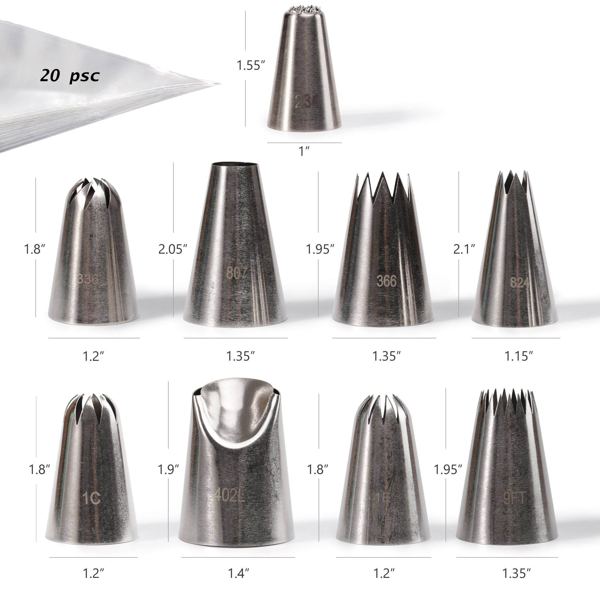 Kayaso Cake Decorating Icing Piping Tip Set, 10 X-large Decorating Tips Stainless Steel Plus 20 Disposable Pastry Bags