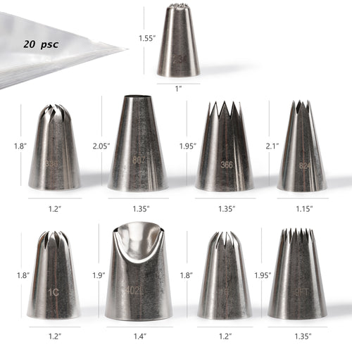 Kayaso Cake Decorating Icing Piping Tip Set, 10 X-large Decorating Tips Stainless Steel Plus 20 Disposable Pastry Bags