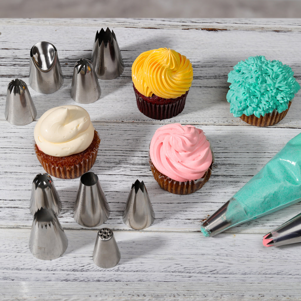 Kayaso Cake Decorating Icing Piping Tip Set, 10 X-large Decorating Tips Stainless Steel Plus 20 Disposable Pastry Bags
